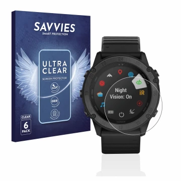 Face avant d’un emballage produit avec le logo de la marque Savvies. À côté, l’appareil Garmin Tactix Delta Solar Ballistic es
