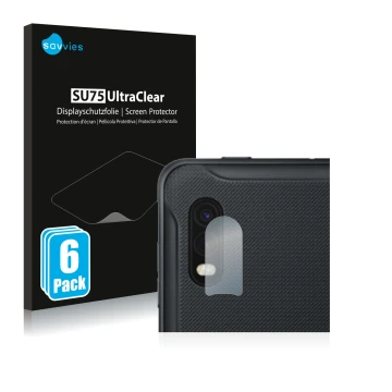 Face avant d’un emballage produit avec le logo de la marque Savvies. À côté, l’appareil Samsung Galaxy XCover Pro (Caméra UNIQ