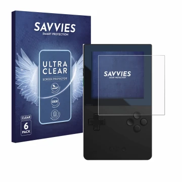 Face avant d’un emballage produit avec le logo de la marque Savvies. À côté, l’appareil Analogue Pocket est représenté avec la