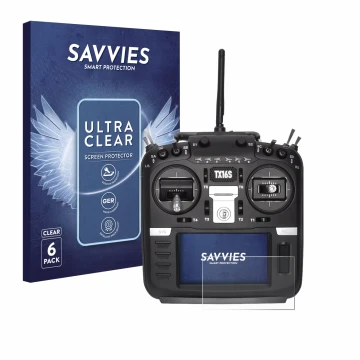 Face avant d’un emballage produit avec le logo de la marque Savvies. À côté, l’appareil Radiomaster TX16S est représenté avec 