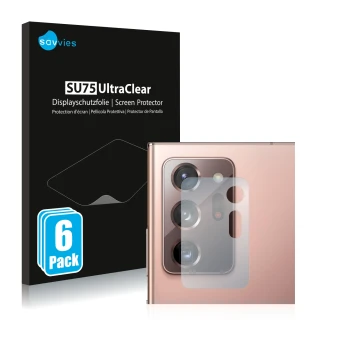 Face avant d’un emballage produit avec le logo de la marque Savvies. À côté, l’appareil Samsung Galaxy Note 20 Ultra 5G (Camér