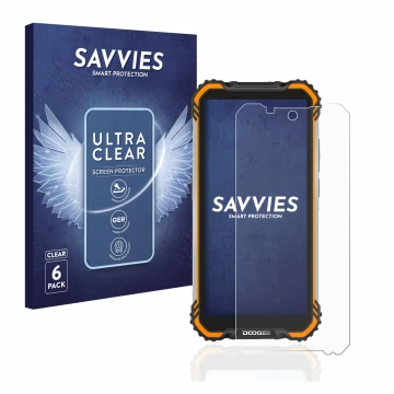 Face avant d’un emballage produit avec le logo de la marque Savvies. À côté, l’appareil Doogee S58 Pro est représenté avec la 