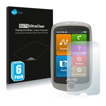 Face avant d’un emballage produit avec le logo de la marque Savvies. À côté, l’appareil Mitac Mio Cyclo Discover est représent