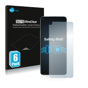 Face avant d’un emballage produit avec le logo de la marque Savvies. À côté, l’appareil OnePlus 8T est représenté avec la prot