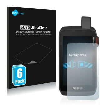 Face avant d’un emballage produit avec le logo de la marque Savvies. À côté, l’appareil Garmin Montana 700i est représenté ave