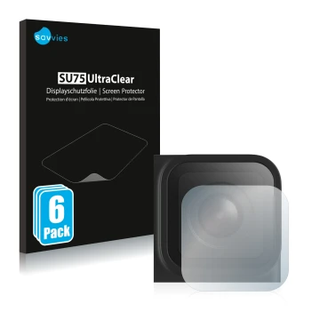 Face avant d’un emballage produit avec le logo de la marque Savvies. À côté, l’appareil GoPro Hero 9 Black (Lentille) est repr