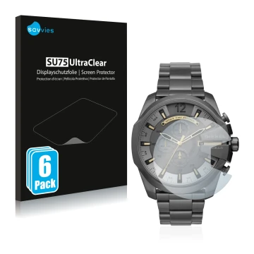 Face avant d’un emballage produit avec le logo de la marque Savvies. À côté, l’appareil Diesel Chronograph DZ4466 est représen