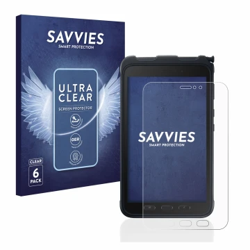 Face avant d’un emballage produit avec le logo de la marque Savvies. À côté, l’appareil Samsung Galaxy Tab Active 3 est représ
