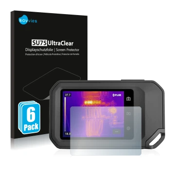 Face avant d’un emballage produit avec le logo de la marque Savvies. À côté, l’appareil Flir C5 est représenté avec la protect