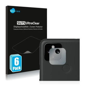 Face avant d’un emballage produit avec le logo de la marque Savvies. À côté, l’appareil Google Pixel 4a 5G (Caméra UNIQUEMENT)