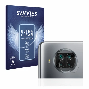 Face avant d’un emballage produit avec le logo de la marque Savvies. À côté, l’appareil Xiaomi Mi 10T Lite (Caméra UNIQUEMENT)