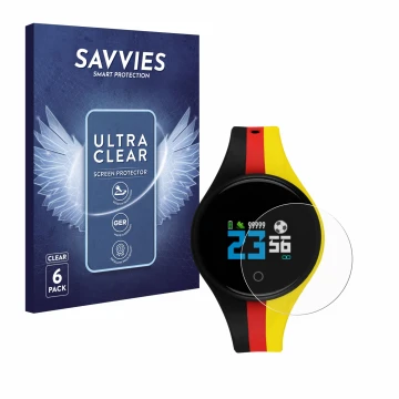 Face avant d’un emballage produit avec le logo de la marque Savvies. À côté, l’appareil Xlyne X-Watch EuroChamp est représenté