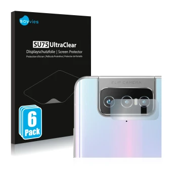 Face avant d’un emballage produit avec le logo de la marque Savvies. À côté, l’appareil ASUS Zenfone 7 Pro ZS671KS (Caméra UNI