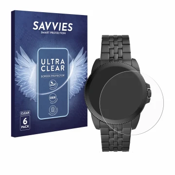 Face avant d’un emballage produit avec le logo de la marque Savvies. À côté, l’appareil Fossil Gen 5E est représenté avec la p
