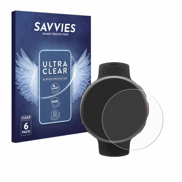 Face avant d’un emballage produit avec le logo de la marque Savvies. À côté, l’appareil Polar Vantage V2 est représenté avec l