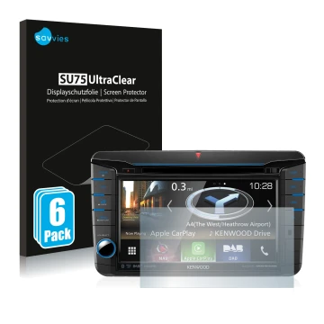 Face avant d’un emballage produit avec le logo de la marque Savvies. À côté, l’appareil Kenwood DNX518VDABS est représenté ave