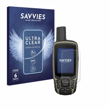 Face avant d’un emballage produit avec le logo de la marque Savvies. À côté, l’appareil Garmin GPSMAP 65s est représenté avec 
