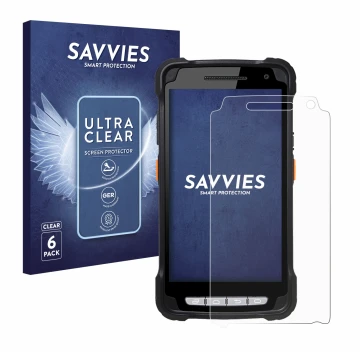 Face avant d’un emballage produit avec le logo de la marque Savvies. À côté, l’appareil Point Mobile PM90 est représenté avec 