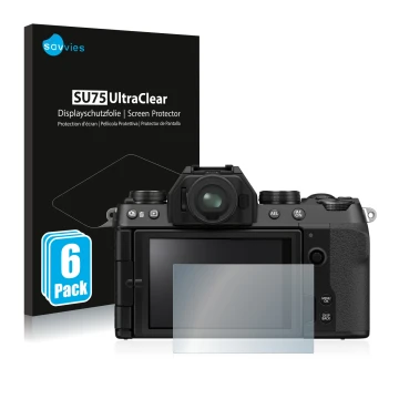 Face avant d’un emballage produit avec le logo de la marque Savvies. À côté, l’appareil Fujifilm X-S10 est représenté avec la 