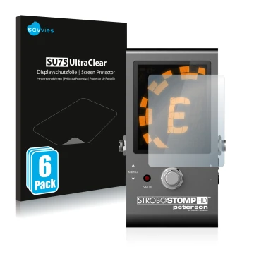 Face avant d’un emballage produit avec le logo de la marque Savvies. À côté, l’appareil Peterson Strobostomp HD est représenté