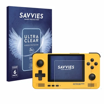 Face avant d’un emballage produit avec le logo de la marque Savvies. À côté, l’appareil Retroid Pocket 2 est représenté avec l