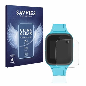 Face avant d’un emballage produit avec le logo de la marque Savvies. À côté, l’appareil TCL Movetime FamilyWatch Kids MT40X es