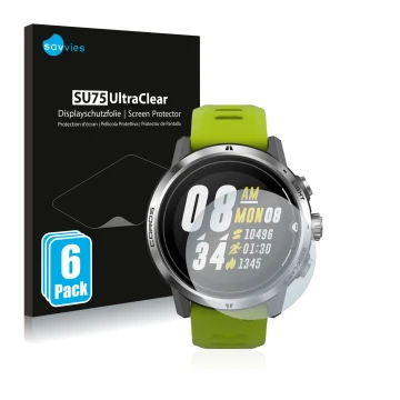 Face avant d’un emballage produit avec le logo de la marque Savvies. À côté, l’appareil Coros Apex Pro est représenté avec la 