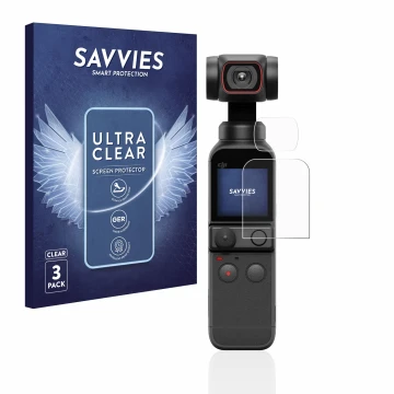 Face avant d’un emballage produit avec le logo de la marque Savvies. À côté, l’appareil DJI Osmo Pocket 2 (Affichage + Lentill