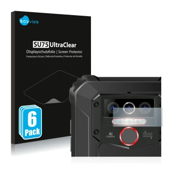 Face avant d’un emballage produit avec le logo de la marque Savvies. À côté, l’appareil Oukitel WP5 Pro (Caméra UNIQUEMENT) es