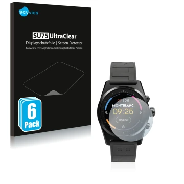 Face avant d’un emballage produit avec le logo de la marque Savvies. À côté, l’appareil Montblanc Summit Lite est représenté a