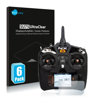 Face avant d’un emballage produit avec le logo de la marque Savvies. À côté, l’appareil Spektrum NX6 est représenté avec la pr