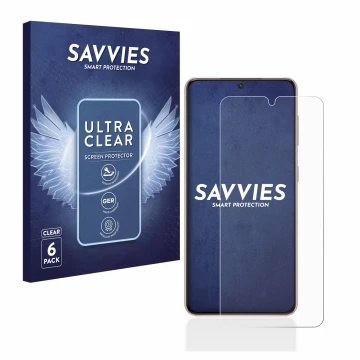 Face avant d’un emballage produit avec le logo de la marque Savvies. À côté, l’appareil Samsung Galaxy S21 5G est représenté a