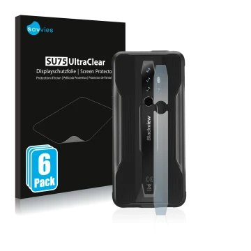 Face avant d’un emballage produit avec le logo de la marque Savvies. À côté, l’appareil Blackview BV6300 Pro (Caméra UNIQUEMEN