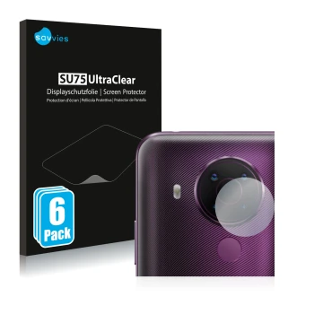 Face avant d’un emballage produit avec le logo de la marque Savvies. À côté, l’appareil Nokia 5.4 (Caméra UNIQUEMENT) est repr