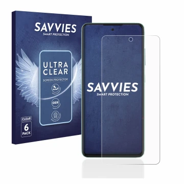 Face avant d’un emballage produit avec le logo de la marque Savvies. À côté, l’appareil Samsung Galaxy A52 est représenté avec