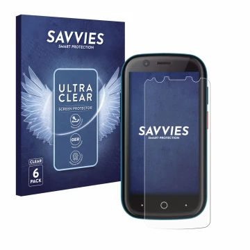Face avant d’un emballage produit avec le logo de la marque Savvies. À côté, l’appareil Unihertz Jelly 2 est représenté avec l