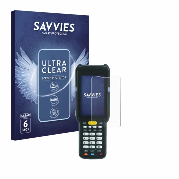 Face avant d’un emballage produit avec le logo de la marque Savvies. À côté, l’appareil Zebra MC3300X est représenté avec la p