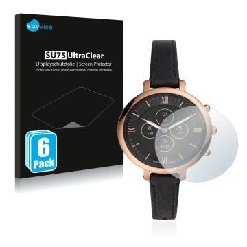 Face avant d’un emballage produit avec le logo de la marque Savvies. À côté, l’appareil Fossil Monroe Hybrid HR est représenté