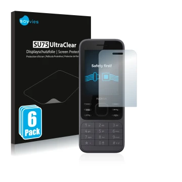 Face avant d’un emballage produit avec le logo de la marque Savvies. À côté, l’appareil Nokia 6300 2020 est représenté avec la