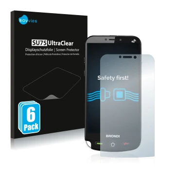 Face avant d’un emballage produit avec le logo de la marque Savvies. À côté, l’appareil Brondi Amico Dual Sim est représenté a