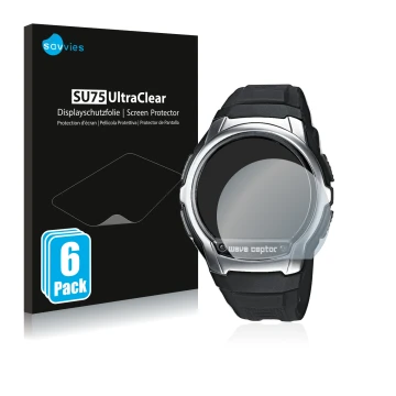 Face avant d’un emballage produit avec le logo de la marque Savvies. À côté, l’appareil Casio Wave Ceptor WV-58 est représenté