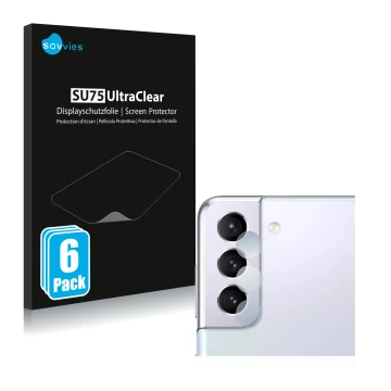 Face avant d’un emballage produit avec le logo de la marque Savvies. À côté, l’appareil Samsung Galaxy S21 5G (Caméra UNIQUEME