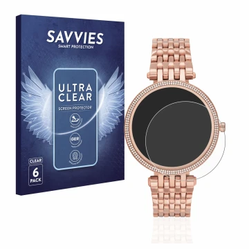 Face avant d’un emballage produit avec le logo de la marque Savvies. À côté, l’appareil Michael Kors Access Darci Gen 5E est r