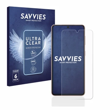 Face avant d’un emballage produit avec le logo de la marque Savvies. À côté, l’appareil Samsung Galaxy S21 est représenté avec