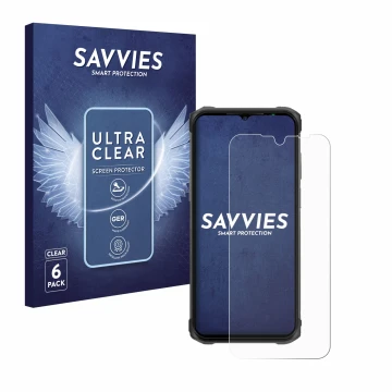 Face avant d’un emballage produit avec le logo de la marque Savvies. À côté, l’appareil Ulefone Armor 12 est représenté avec l