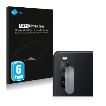 Face avant d’un emballage produit avec le logo de la marque Savvies. À côté, l’appareil Sony Xperia 10 III (Caméra UNIQUEMENT)