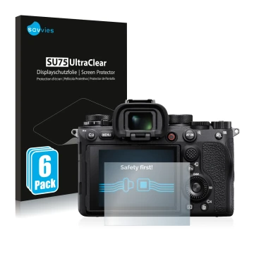 Face avant d’un emballage produit avec le logo de la marque Savvies. À côté, l’appareil Sony Alpha 1 est représenté avec la pr