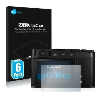 Face avant d’un emballage produit avec le logo de la marque Savvies. À côté, l’appareil Fujifilm X-E4 est représenté avec la p