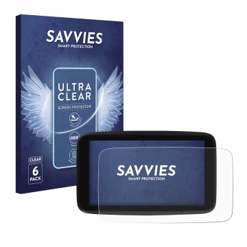 Face avant d’un emballage produit avec le logo de la marque Savvies. À côté, l’appareil TomTom GO Discover 7