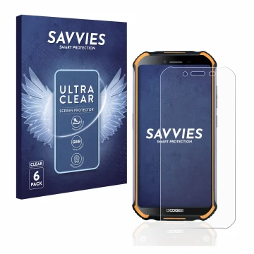Face avant d’un emballage produit avec le logo de la marque Savvies. À côté, l’appareil Doogee S40 Pro est représenté avec la 